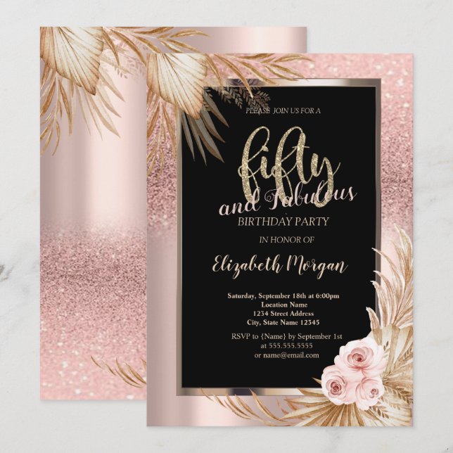 Chic Rose Gold Glitter Pampas Roses 50th Birthday  Invitation (Front/Back)