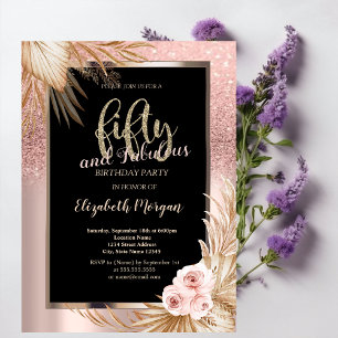 Chic Rose Gold Glitter Pampas Roses 50th Birthday Invitation