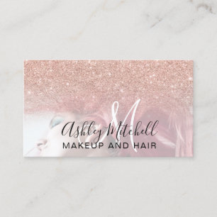 Chic rose gold glitter photo monogram makeup hair business card