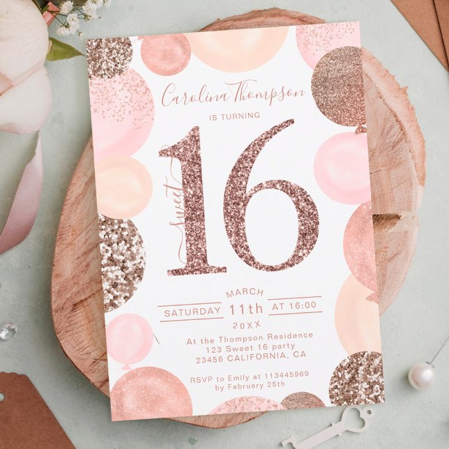 Chic rose gold glitter pink balloon Sweet 16 photo Invitation (Creator Uploaded)