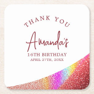 Chic Rose Gold Glitter Rainbow Sweet 16 Birthday Square Paper Coaster