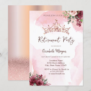 Chic Rose Gold Glitter Roses Crown Retirement Invitation