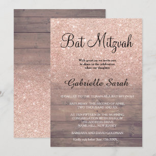 Chic rose gold glitter rustic wood Bat Mitzvah Invitation