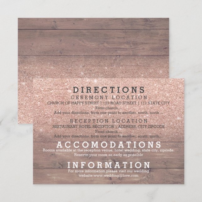 Chic rose gold glitter rustic wood details wedding invitation (Front/Back)