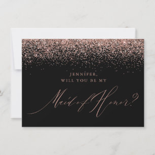 Chic Rose Gold Glitter Script Black Maid of Honour Invitation