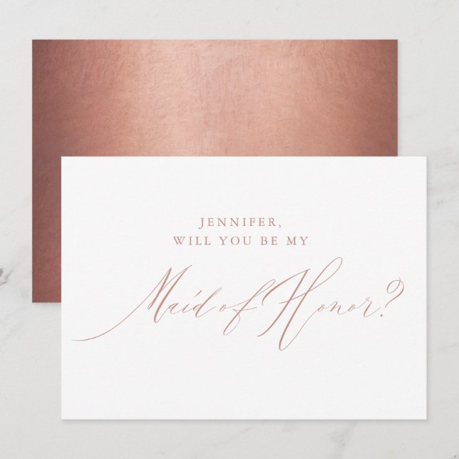 Chic Rose Gold Glitter Script White Maid of Honour Invitation (Front/Back)