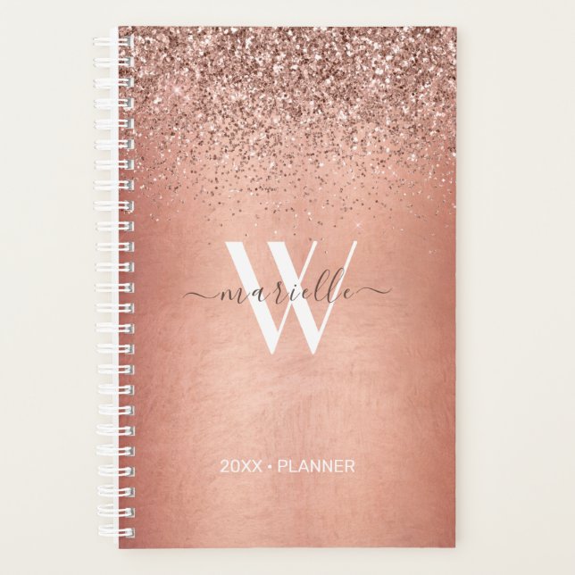 Chic Rose Gold Glitter Sparkle Monogram Name 2022 Planner (Front)