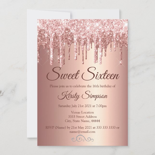 Chic Rose Gold Glitter Sparkle Sweet Sixteen Invitation (Front)
