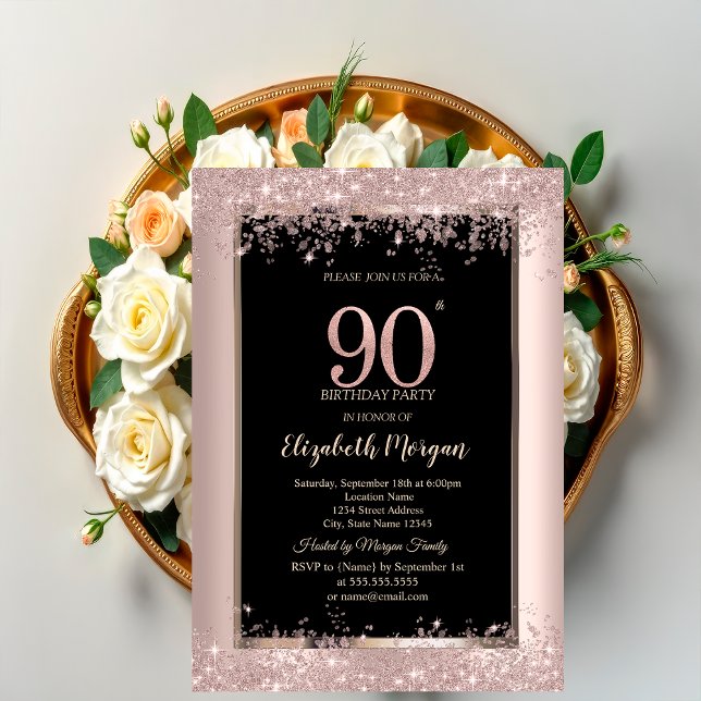 Chic Rose Gold Glitter Sparkles 90th Birthday  Invitation (Creator Uploaded)