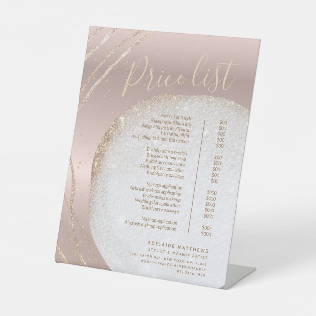 Chic Rose Gold Glitter Stylist Salon Price List Pedestal Sign (Front)