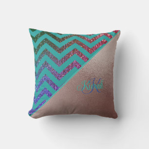 Chic Rose Gold Glittery Chevron Teal Green Name  Cushion
