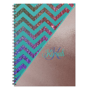 Chic Rose Gold Glittery Chevron Teal Green Name  Notebook