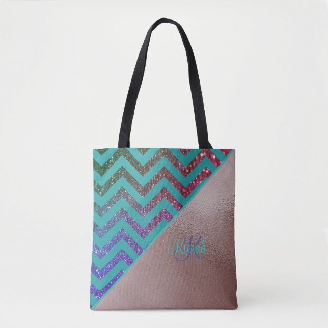 Chic Rose Gold Glittery Chevron Teal Green Name  Tote Bag (Front)