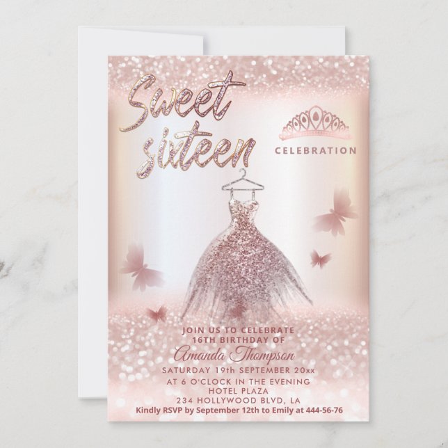 Chic Rose gold glittery dress butterfly tiara  Invitation (Front)