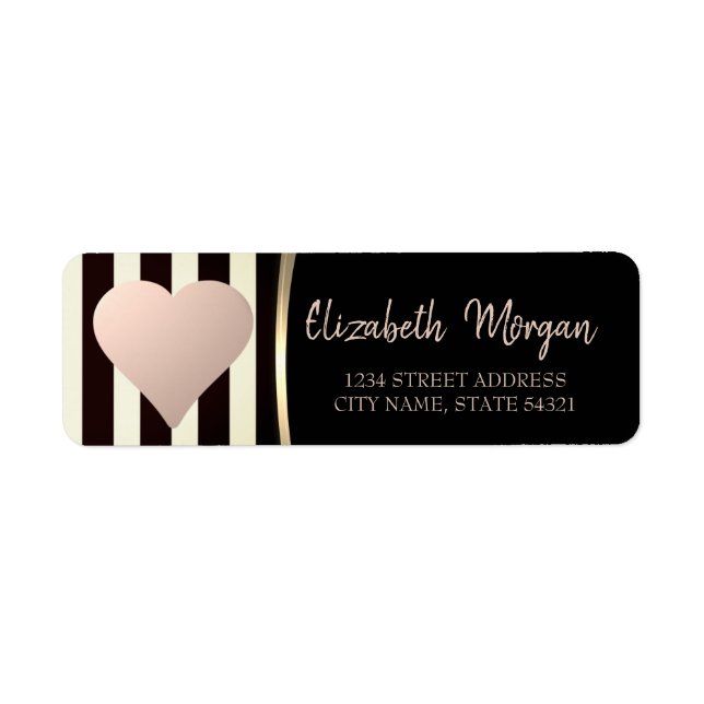 Chic Rose Gold Heart,Black Stripes  Address Label (Front)