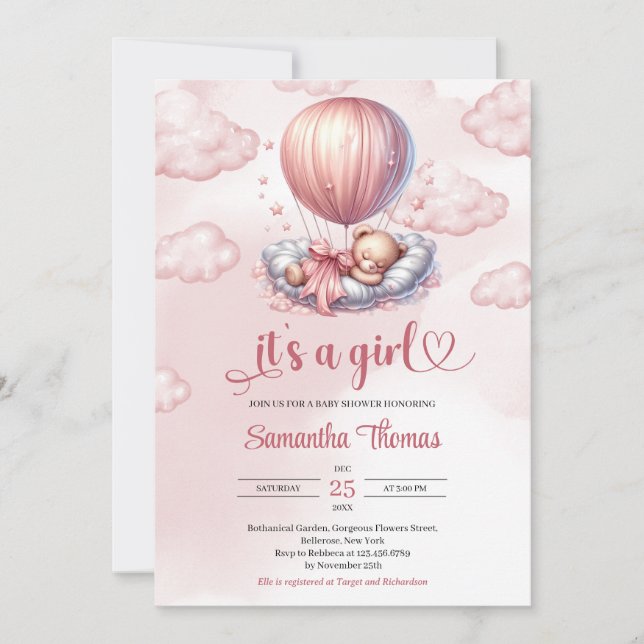 Chic rose gold it's a girl sleeping teddy bear invitation (Front)