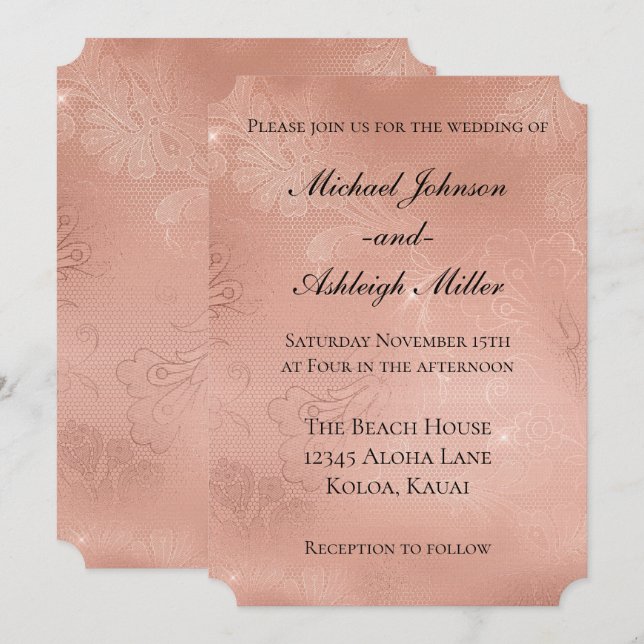 Chic Rose Gold Lace Wedding Invitation (Front/Back)