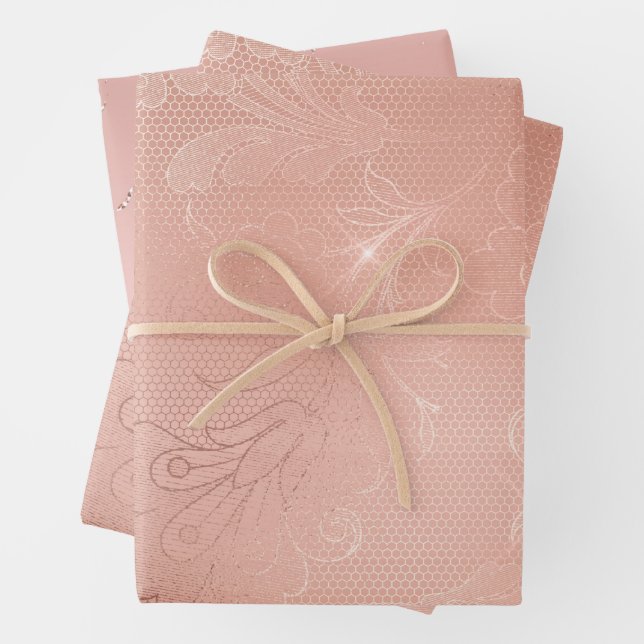 Chic Rose Gold Lace Wedding Wrapping Paper Sheet (In situ)