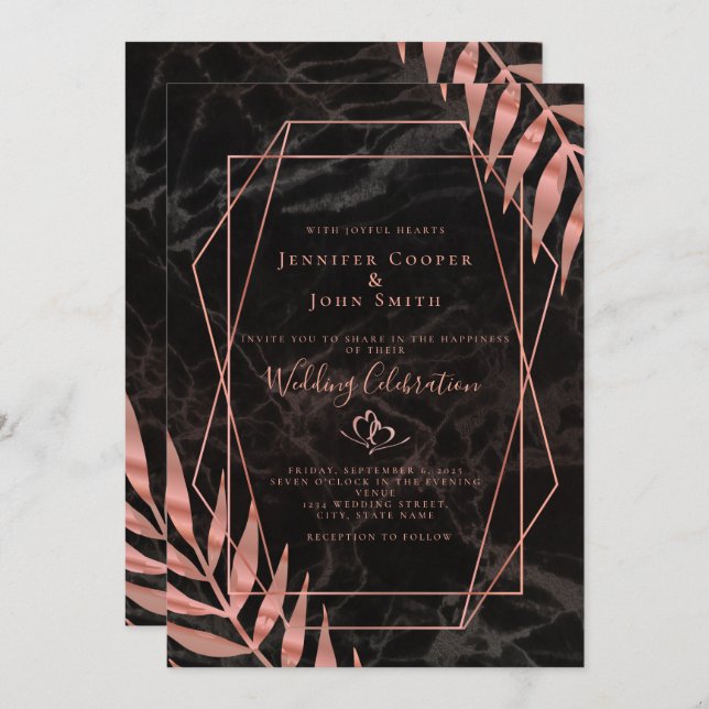 Chic Rose Gold Leaves Geometric Pattern Wedding Invitation (Front/Back)