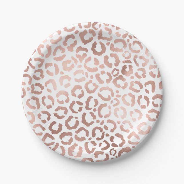 Chic Rose Gold Leopard Cheetah Animal Print Paper Plate (Front)