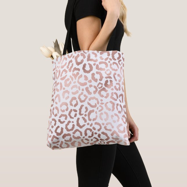 Chic Rose Gold Leopard Cheetah Animal Print Tote Bag (Close Up)