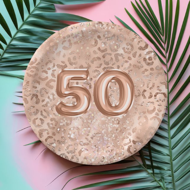 Chic Rose Gold Leopard Print 50th Birthday Paper Plate (Creator Uploaded)