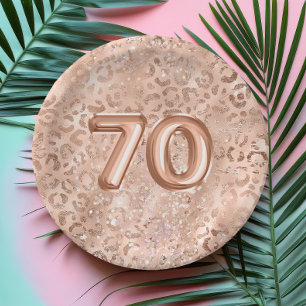 Chic Rose Gold Leopard Print 70th Birthday Paper Plate