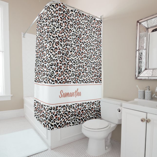 Chic Rose Gold Leopard Print Personalised Shower Curtain (In Situ)