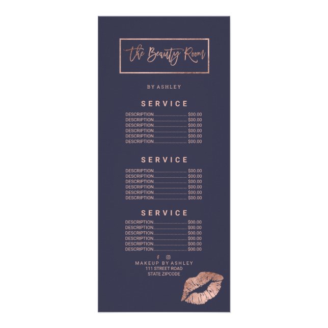 Chic Rose gold logo beauty navy blue  price list Rack Card (Front)