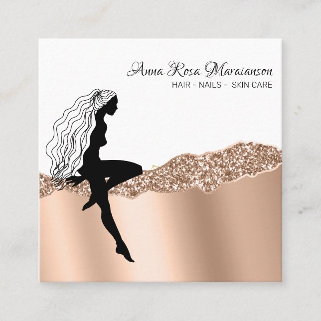 *~* Chic Rose Gold Long Hair Goddess Woman Square Business Card (Front)
