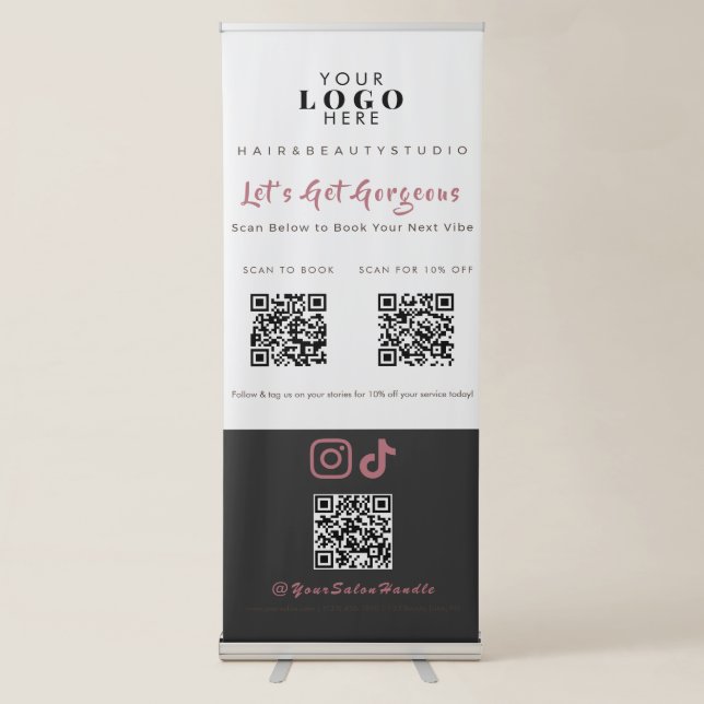 Chic Rose Gold Marble 3 QR Code Med Spa Retractable Banner (Front)