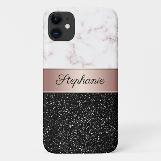 Chic Rose Gold Marble Black Glitter Add Name Case-Mate iPhone Case (Back)