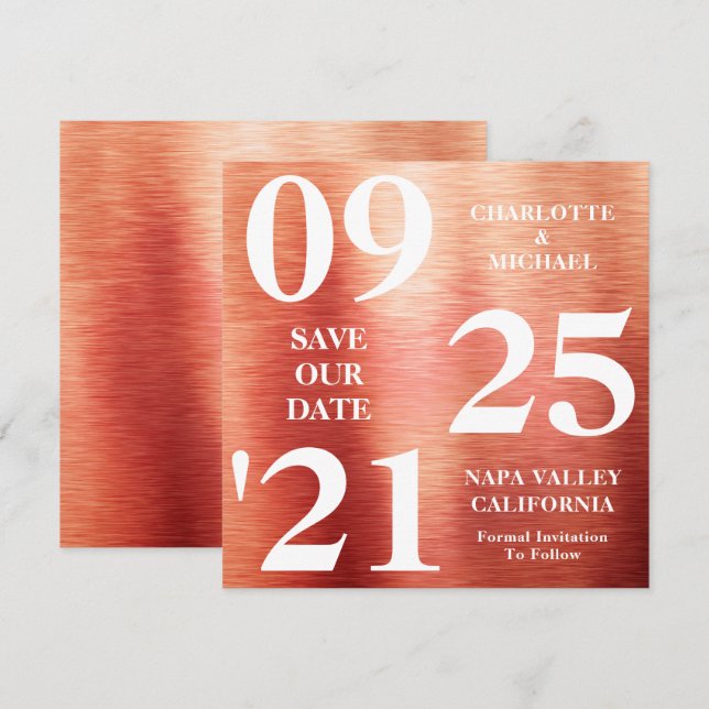 Chic Rose Gold Metal Shimmer Modern Save The Date Invitation (Front/Back)