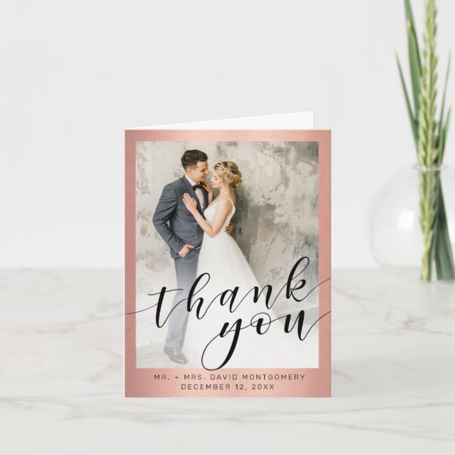 Chic Rose Gold Metallic Black Script Photo Wedding Thank You Card (Front)