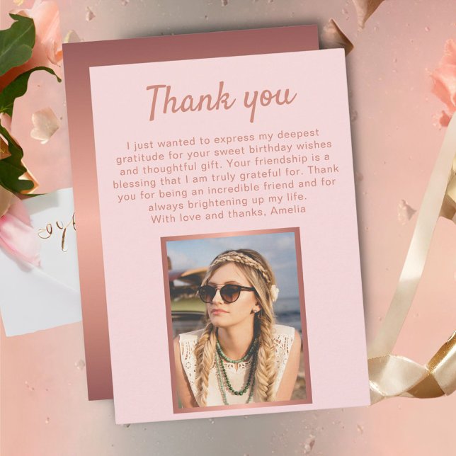 Chic Rose Gold Metallic Photo Birthday  Thank You Card (Creator Uploaded)