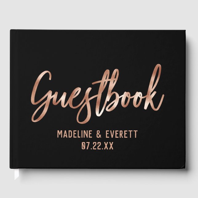 Chic Rose Gold Modern Typography Wedding Monogram Guest Book (Front)