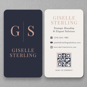 Chic Rose Gold Monogram Navy Blue QR Code Business Card
