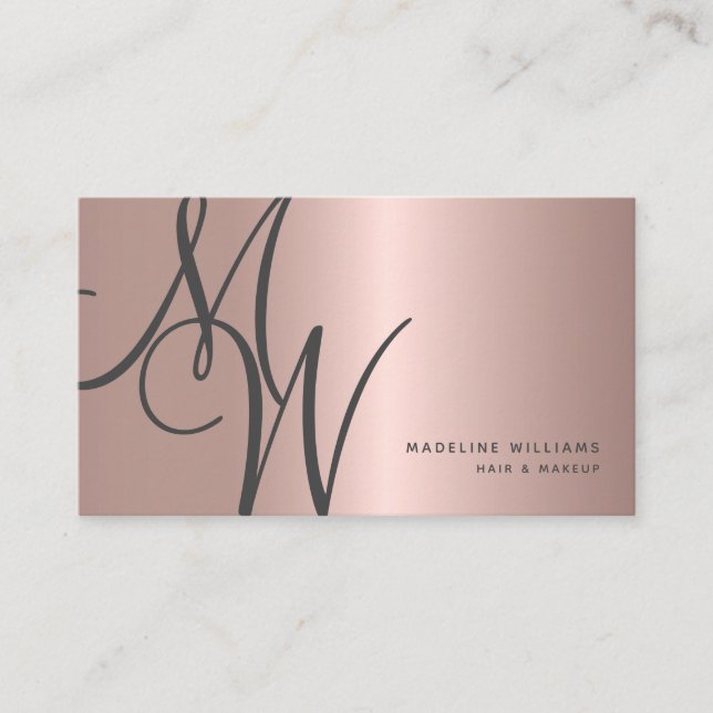 Chic Rose Gold Monogram Script Initials Stylist Business Card (Front)
