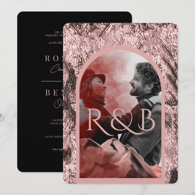 Chic Rose Gold Mountains Arched Photo Wedding Invitation (Front/Back)
