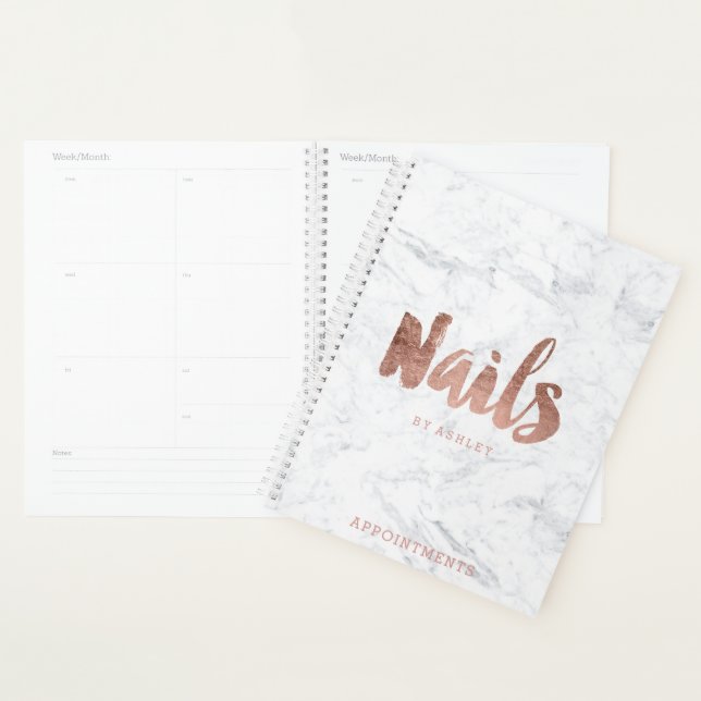 Chic rose gold nails typography marble appointment planner (Display)