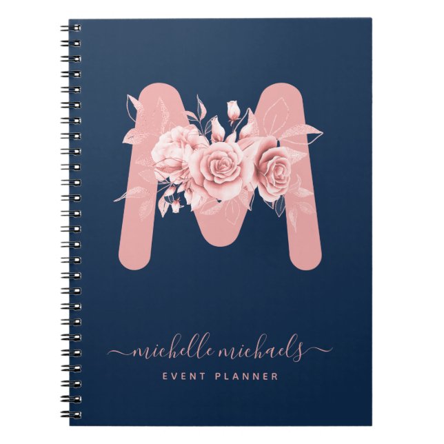 Chic Rose Gold Navy Floral Watercolor Monogram Notebook (Front)
