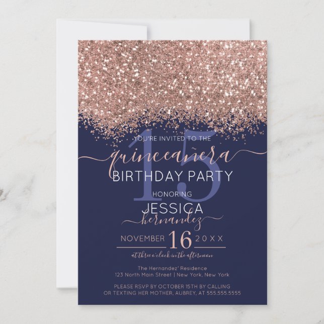 Chic Rose Gold Navy Glitter Confetti Quinceañera Invitation (Front)