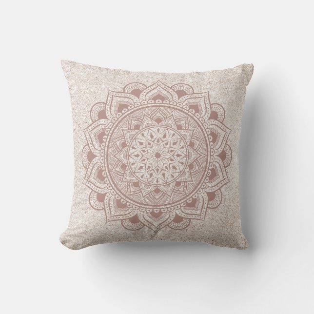 Chic Rose Gold Om Mandala Yoga Glitter Modern Yogi Cushion (Front)