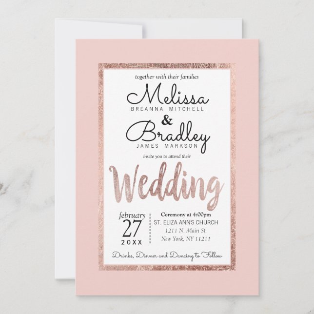 Chic Rose Gold Outline Blush Pink Wedding Invitation (Front)