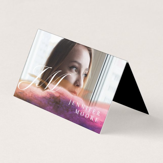 Chic Rose Gold Photo Monogrammed Folded Business Card (Front)