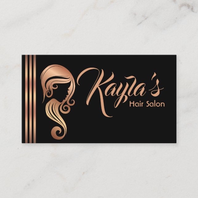 Chic Rose Gold Pink Beauty Girl Hair Makeup Salon Business Card (Front)