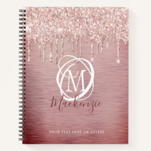 Chic Rose Gold Pink Glitter Drip Stylish Monogram Notebook