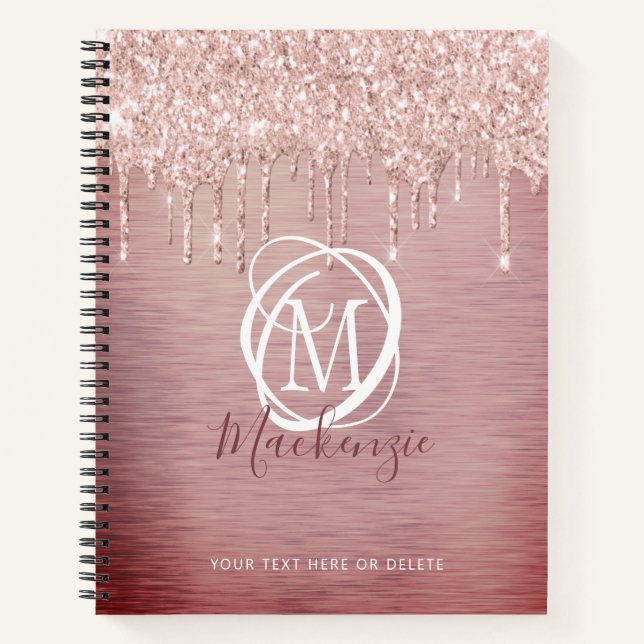 Chic Rose Gold Pink Glitter Drip Stylish Monogram Notebook (Front)