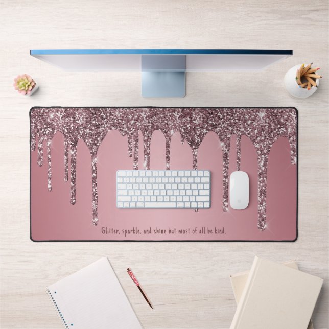 Chic Rose Gold Pink Glitter Drips Custom Desk Mat (Office 1)
