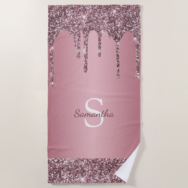 Chic Rose Gold Pink Glitter Drips Sparkle Monogram Beach Towel (Front)